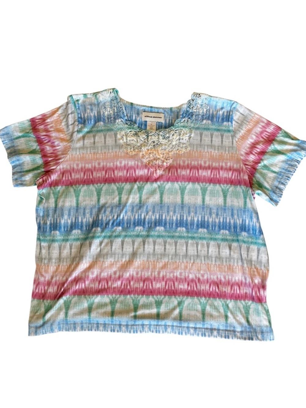 Alfred Dunner Colorful Ikat Boho Crochet Neck Resort Top XL